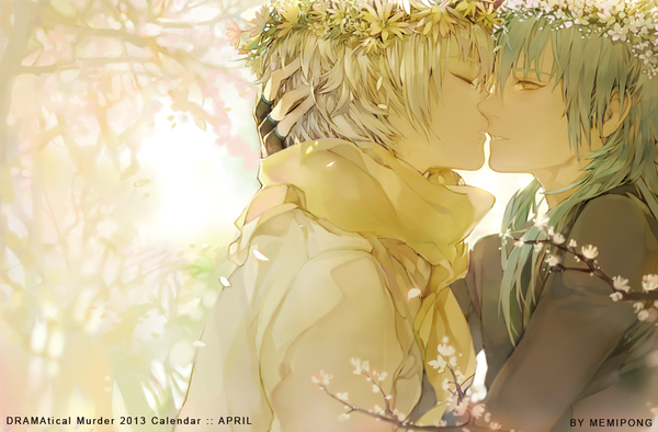 Anime picture 920x605 with dramatical murder nitro+chiral aoba (dmmd) clear (dmmd) memipong long hair short hair brown eyes signed white hair eyes closed profile aqua hair multiple boys copyright name couple cherry blossoms shounen ai almost kiss hand on another's head