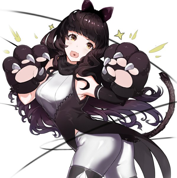 Anime picture 989x992 with rwby rooster teeth pixiv blake belladonna hoshi usagi single long hair tall image looking at viewer blush fringe open mouth black hair simple background standing white background bare shoulders yellow eyes ass tail