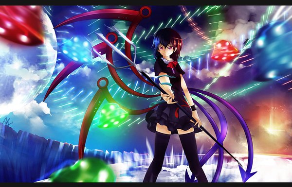 Anime picture 1366x878 with touhou houjuu nue single short hair black hair smile red eyes sky cloud (clouds) girl thighhighs dress black thighhighs wings moon planet snake trident spacecraft ufo