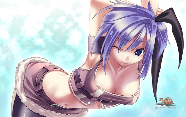 Anime picture 1900x1200 with agarest senki single looking at viewer highres short hair breasts blue eyes light erotic large breasts purple eyes one eye closed light smile wink armpit (armpits) girl skirt navel belt
