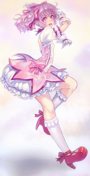 Anime picture 900x1750 with mahou shoujo madoka magica shaft (studio) kaname madoka chikokuma single tall image looking at viewer blush fringe short hair open mouth twintails pink hair bent knee (knees) pink eyes standing on one leg leg lift (legs lift) girl gloves bow