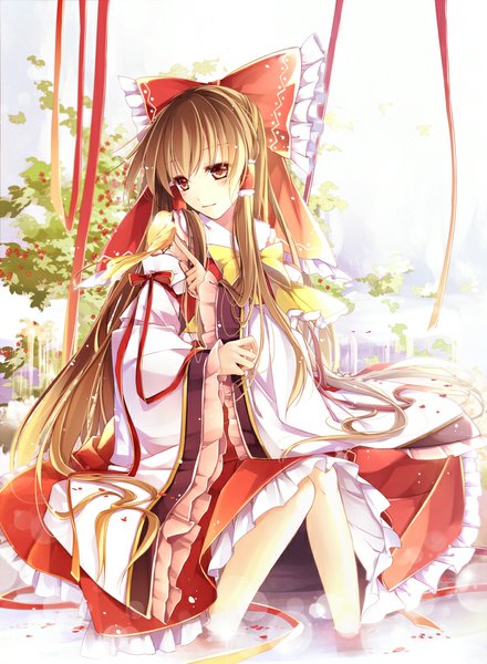 Anime picture 715x974 with touhou hakurei reimu mochizuki shiina single tall image blush brown hair brown eyes very long hair traditional clothes wide sleeves girl bow ribbon (ribbons) plant (plants) hair bow animal tree (trees) water frills