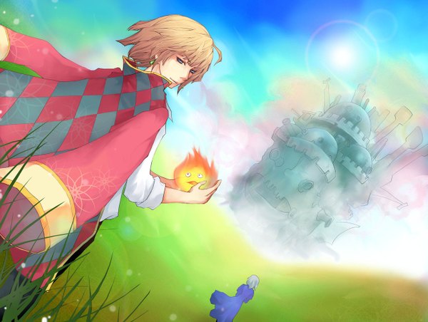 Anime picture 1280x966 with howl's moving castle studio ghibli howl sophie hatter calcifer unodu blue eyes blonde hair looking back grey hair from behind clothes on shoulders rhombus plant (plants) earrings grass fire castle