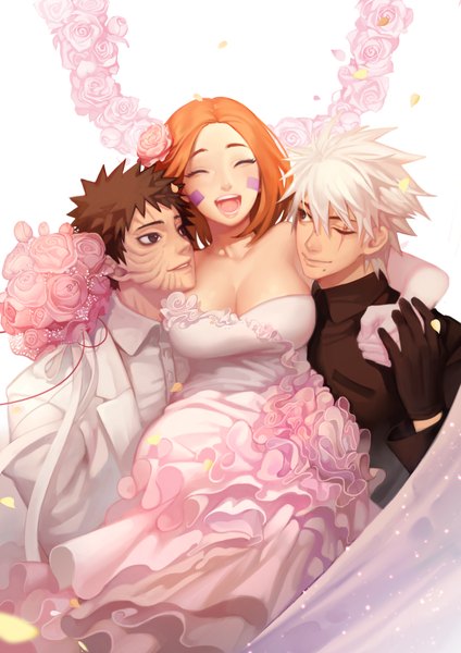 Anime picture 2480x3508 with naruto studio pierrot naruto (series) hatake kakashi uchiha obito nohara rin gusam tall image fringe highres short hair breasts open mouth light erotic simple background smile brown hair large breasts white background brown eyes