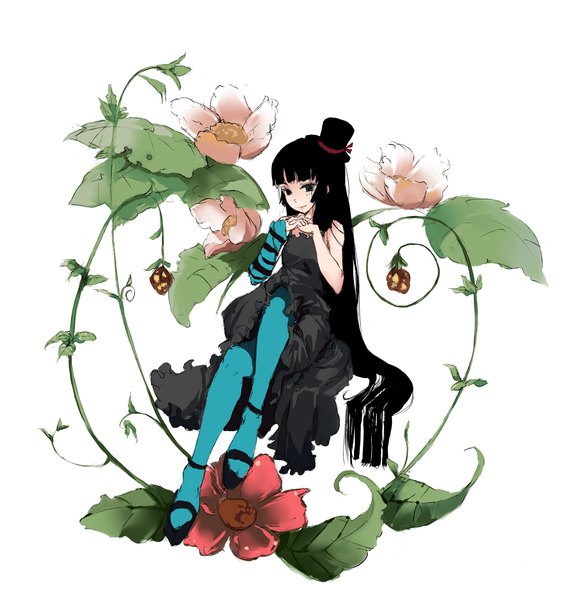 Anime picture 1650x1736 with k-on! kyoto animation akiyama mio relax (artist) single tall image highres black hair smile white background very long hair black eyes girl dress flower (flowers) hat detached sleeves top hat