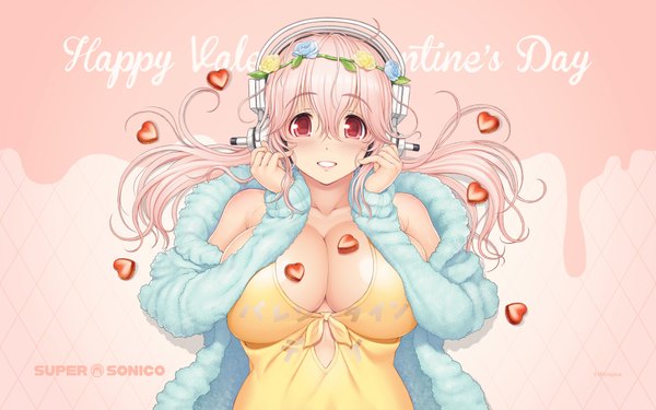 Anime picture 1920x1200 with nitroplus super sonico tsuji santa single long hair looking at viewer blush highres breasts light erotic smile red eyes large breasts pink hair cleavage inscription pink background valentine girl flower (flowers)