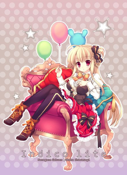 Anime picture 800x1102 with original mitha long hair tall image blush blonde hair red eyes sitting girl thighhighs dress bow black thighhighs shoes armchair balloon