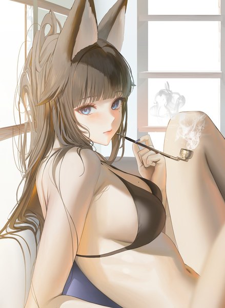 Anime picture 1553x2124 with original tokkihouse single long hair tall image looking at viewer fringe breasts blue eyes light erotic black hair large breasts animal ears bent knee (knees) blunt bangs nail polish fingernails mole mole under eye turning head