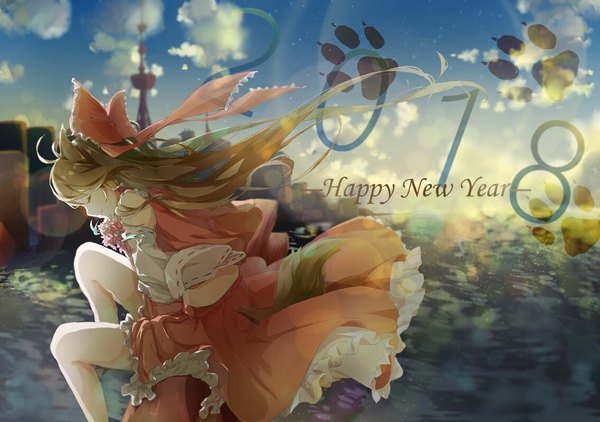 Anime picture 1136x800 with touhou hakurei reimu mai (12mai0426) single long hair brown hair sitting animal ears sky cloud (clouds) tail eyes closed animal tail profile new year kemonomimi mode dog ears paw print happy new year dog tail