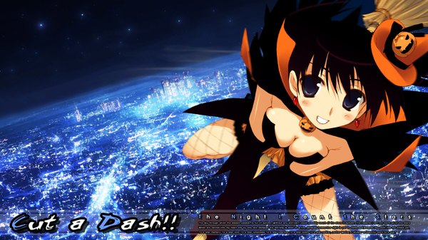 Anime picture 1920x1080 with mitsumi misato highres breasts light erotic black hair wide image black eyes city cityscape witch girl hat earrings vegetables pumpkin