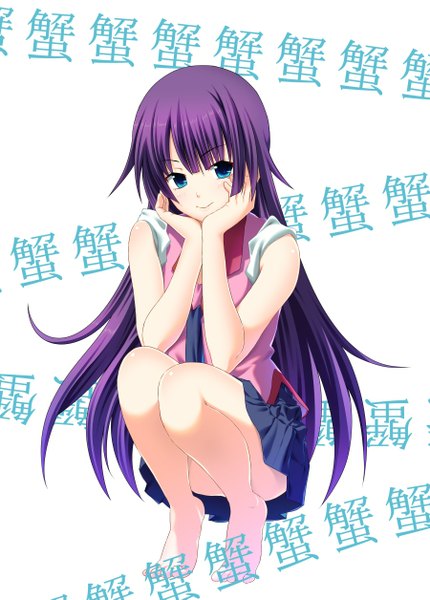 Anime picture 900x1255 with bakemonogatari shaft (studio) monogatari (series) senjougahara hitagi ese shinshi single long hair tall image looking at viewer blue eyes simple background smile white background purple hair barefoot hieroglyph girl skirt uniform school uniform