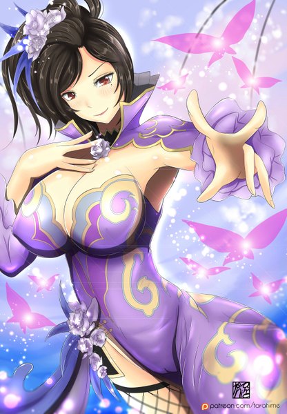 Anime picture 1024x1475 with shin sangoku musou zhen ji torahime (roland00) single tall image looking at viewer blush short hair breasts light erotic black hair large breasts traditional clothes light smile mole mole under eye chinese clothes girl thighhighs chinese dress