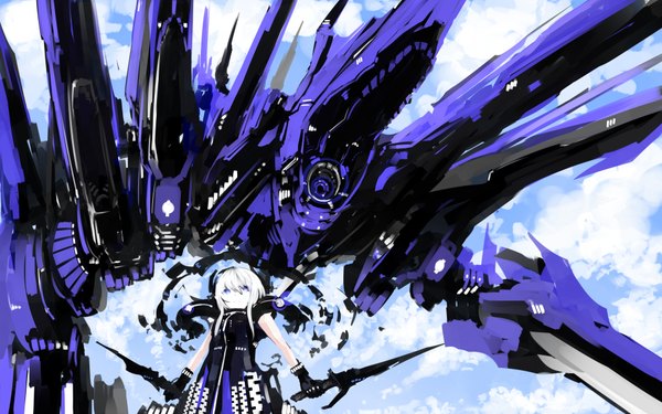 Anime picture 1920x1200 with tone g (artist) single highres short hair blue eyes wide image white hair girl gloves weapon mecha