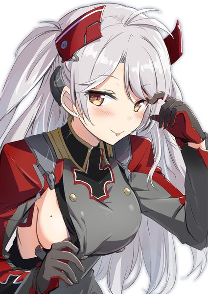 Anime picture 724x1023 with azur lane prinz eugen (azur lane) gotyou single long hair tall image looking at viewer blush fringe breasts light erotic simple background smile large breasts white background brown eyes silver hair upper body ahoge long sleeves