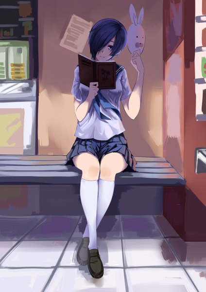 Anime picture 2480x3507 with tokyo ghoul studio pierrot kirishima touka takamitsu-kun single tall image looking at viewer highres short hair sitting purple eyes purple hair girl uniform socks serafuku book (books) white socks mask bench