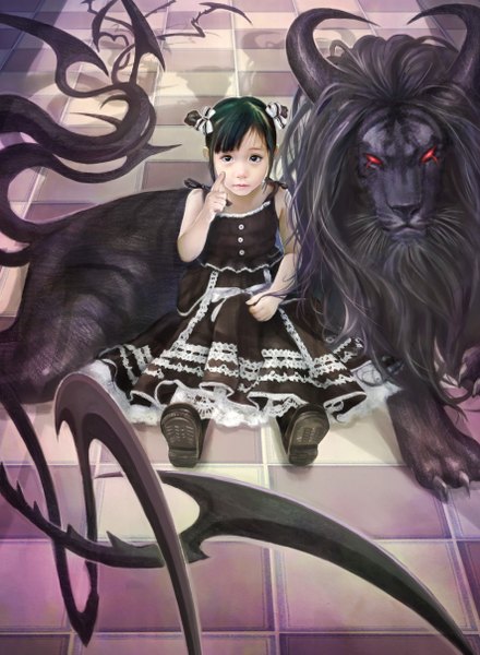 Anime picture 1772x2414 with original eat0123 single tall image highres short hair black hair red eyes sitting tail horn (horns) black eyes realistic hair bun (hair buns) checkered floor multiple tails floor pointing demon gothic