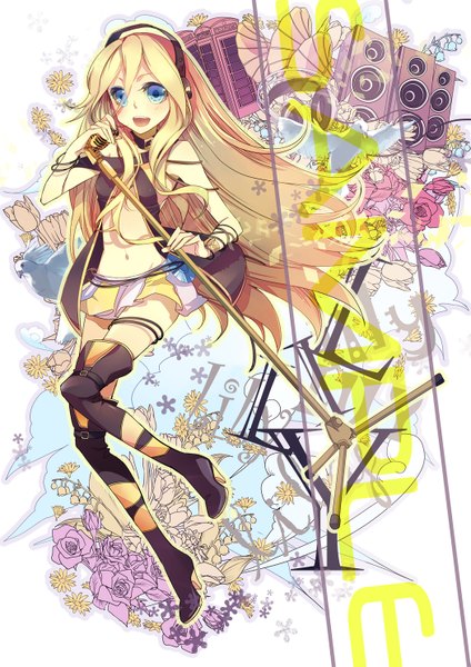 Anime picture 1049x1485 with vocaloid lily (vocaloid) nicohi (artist) single long hair tall image open mouth blue eyes blonde hair girl thighhighs skirt navel flower (flowers) headphones rose (roses) microphone