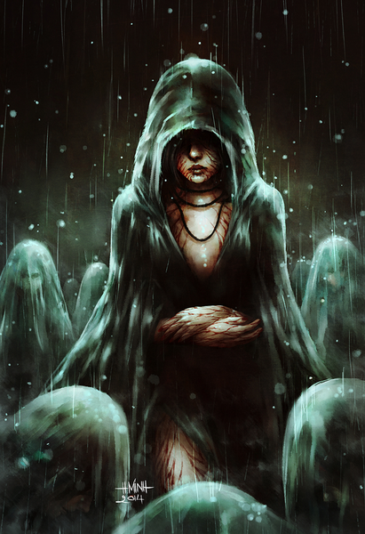 Anime picture 800x1166 with original nanfe tall image multiple girls signed lips dark background crossed arms rain covering injury girl pendant hood blood people
