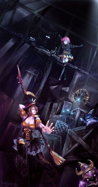 Anime picture 900x1700 with league of legends nidalee (league of legends) orianna (league of legends) riyokusakimori (artist) tall image looking at viewer short hair blue eyes brown hair bare shoulders multiple girls brown eyes looking away pink hair jumping battle girl thighhighs dress skirt