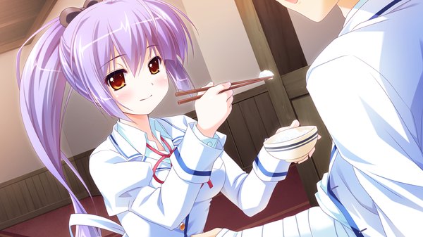 Anime picture 1024x576 with harumade kururu long hair wide image yellow eyes game cg purple hair ponytail girl uniform school uniform