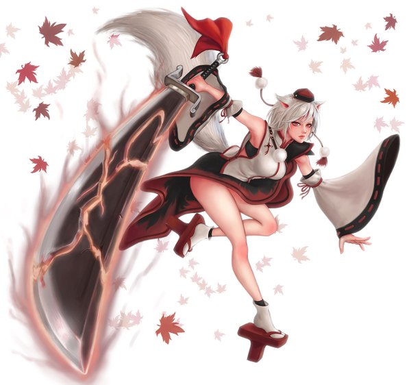 Anime picture 1280x1200 with touhou league of legends inubashiri momiji riven (league of legends) eliskalti single short hair simple background red eyes white background animal ears silver hair tail traditional clothes japanese clothes animal tail legs cosplay girl weapon