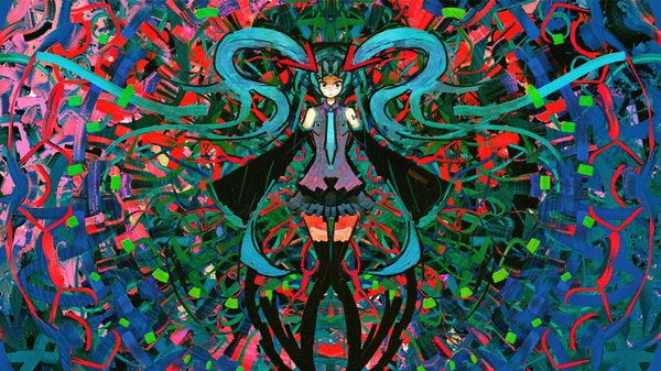 Anime picture 1600x900 with vocaloid hatsune miku shuta single long hair wide image twintails bare shoulders long sleeves pleated skirt aqua hair abstract girl detached sleeves thigh boots