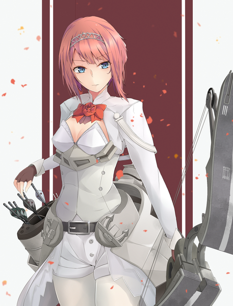 Anime picture 891x1170 with kantai collection ark royal (kantai collection) jenson tw single tall image fringe short hair breasts blue eyes holding looking away pink hair cleavage long sleeves head tilt girl gloves hair ornament bow weapon