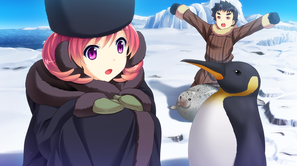 Anime picture 1920x1080 with baka moe heart ni ai wo komete! yamanaka kurumi highres short hair open mouth black hair red eyes wide image purple eyes pink hair game cg girl boy animal headphones bird (birds) coat cap ice mittens