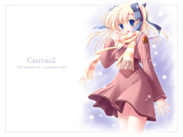 Anime picture 1280x960 with canvas 2 housen elis nanao naru single long hair looking at viewer blush open mouth blue eyes blonde hair twintails wallpaper snowing winter snow framed exhalation girl uniform ribbon (ribbons)