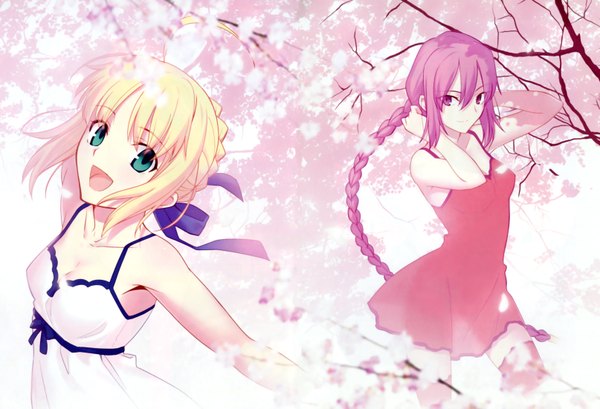 Anime picture 3228x2202 with fate (series) fate/stay night melty blood studio deen type-moon artoria pendragon (all) saber sion eltnam atlasia long hair highres open mouth blonde hair purple eyes bare shoulders multiple girls green eyes absurdres purple hair braid (braids) cherry blossoms