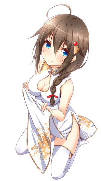 Anime picture 2300x4077 with kantai collection shigure destroyer saku (kudrove) kk-sk-ray single long hair tall image looking at viewer blush highres blue eyes light erotic simple background smile brown hair white background cleavage ahoge braid (braids) traditional clothes