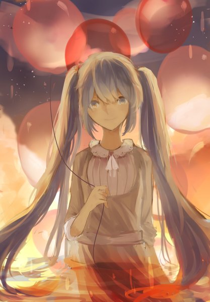 Anime picture 973x1400 with vocaloid hatsune miku single long hair tall image looking at viewer fringe smile standing twintails holding grey hair grey eyes alternate costume girl dress balloon