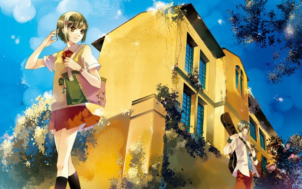 Anime picture 1280x800 with original vocaloid hatsune miku hasaki (pixiv) short hair wide image brown eyes sky cloud (clouds) green hair sunlight from below girl boy uniform hair ornament bow plant (plants) school uniform tree (trees)