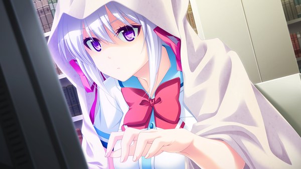 Anime picture 2048x1152 with omae no pantsu wa nani-iro da! shima sako bomi long hair highres wide image purple eyes game cg white hair girl uniform school uniform bowtie