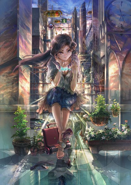 Anime picture 1485x2100 with original kopa (artist) single long hair tall image black hair sitting looking away wind black eyes city girl plant (plants) headphones building (buildings) bag traffic lights