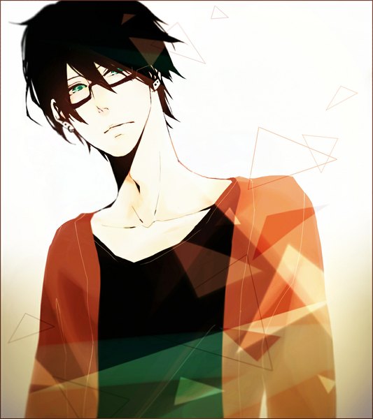 Anime picture 1000x1125 with original koori ichi single tall image short hair simple background brown hair green eyes open clothes piercing border dark hair boy earrings glasses jewelry t-shirt debris