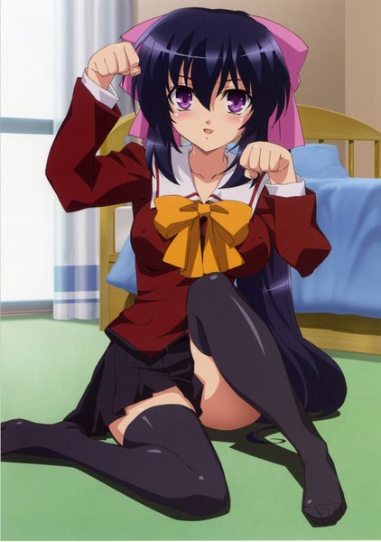 Anime picture 2244x3189 with omamori himari zexcs noihara himari single long hair tall image looking at viewer highres open mouth sitting purple eyes purple hair pleated skirt scan shadow girl thighhighs skirt uniform bow