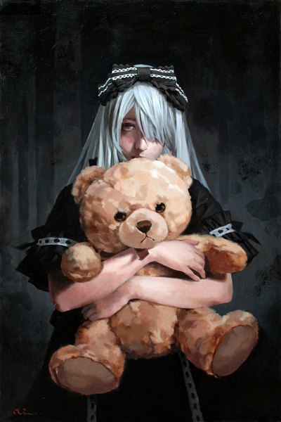 Anime picture 1240x1860 with original pony single long hair tall image looking at viewer fringe holding brown eyes silver hair hair over one eye realistic hug girl bow hair bow animal toy stuffed animal bear