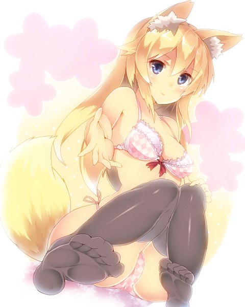 Anime picture 1024x1280 with original mikususannda single long hair tall image blush blue eyes light erotic blonde hair animal ears tail animal tail underwear only fox ears fox tail fox girl girl thighhighs underwear panties