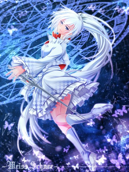 Anime picture 750x1000 with rwby rooster teeth weiss schnee doc.lnn single tall image looking at viewer fringe breasts blue eyes holding bent knee (knees) ponytail head tilt multicolored hair lips wide sleeves legs character names magic