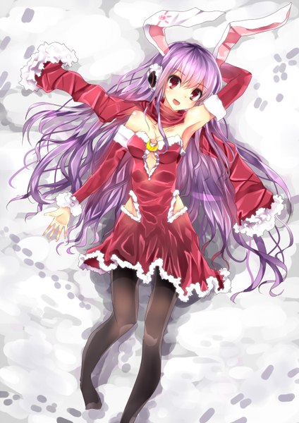 Anime picture 1060x1500 with touhou reisen udongein inaba e-co single long hair tall image open mouth red eyes purple hair lying bunny ears girl detached sleeves headphones scarf