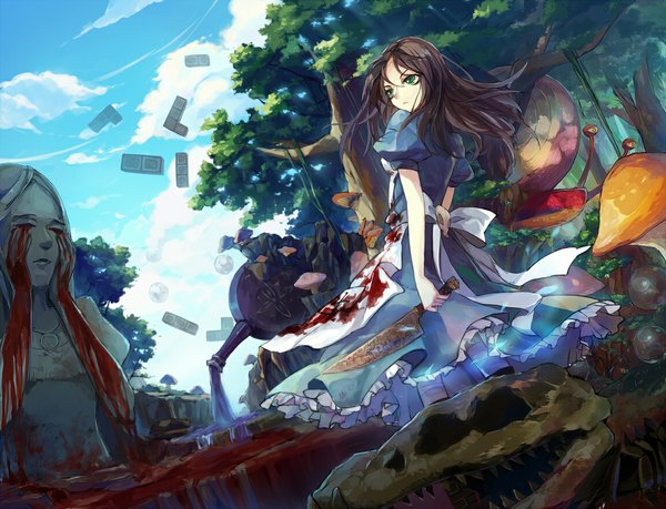 Anime picture 1150x881 with american mcgee's alice (game) alice: madness returns alice (american mcgee's) yayin (yayin233) single long hair brown hair green eyes sky cloud (clouds) girl dress bow plant (plants) tree (trees) blood skull knife statue mushroom (mushrooms)
