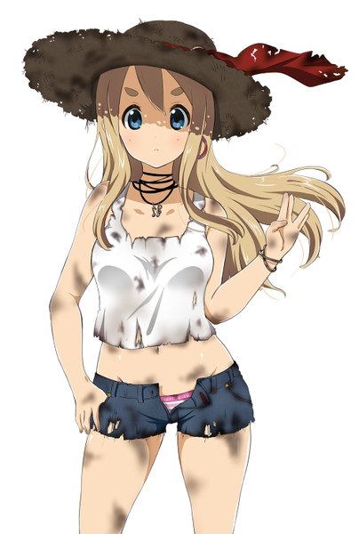 Anime picture 1000x1484 with k-on! kyoto animation kotobuki tsumugi ragho no erika long hair tall image blue eyes light erotic blonde hair simple background white background torn clothes girl navel underwear panties hat shorts pendant striped panties