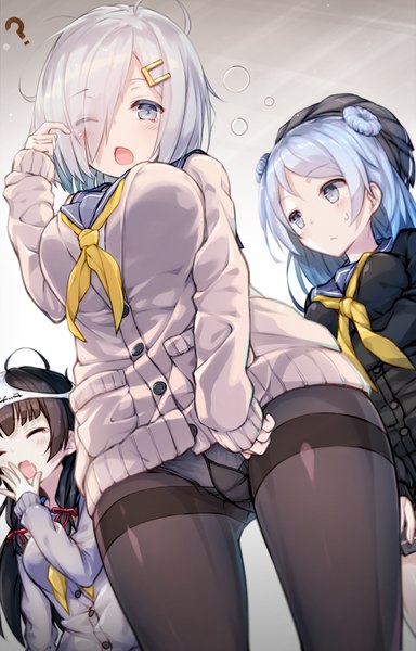 Anime picture 2500x3900 with kantai collection hamakaze destroyer isokaze destroyer urakaze destroyer katoroku kato roku long hair tall image looking at viewer blush fringe highres short hair open mouth blue eyes light erotic black hair multiple girls blue hair looking away