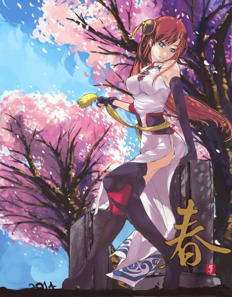 Anime picture 1200x1530 with gintama sunrise (studio) kagura (gintama) nyami (artist) long hair tall image looking at viewer blue eyes smile sitting orange hair inscription cherry blossoms chinese clothes side slit girl thighhighs gloves black thighhighs plant (plants)
