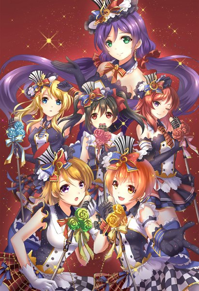 Anime picture 688x1000 with love live! school idol project sunrise (studio) love live! nishikino maki yazawa nico toujou nozomi ayase eli hoshizora rin koizumi hanayo moyu long hair tall image looking at viewer short hair open mouth blue eyes black hair simple background blonde hair smile