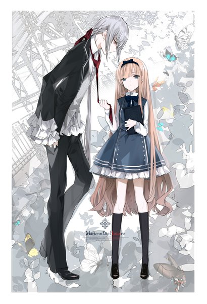 Anime picture 602x879 with marionnette histoire alice liddell (marionnette histoire) cierra (ra-bit) long hair tall image fringe standing holding full body bent knee (knees) blunt bangs very long hair grey hair grey eyes leaning leaning forward copyright name pale skin necktie grab girl