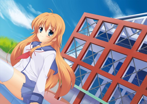 Anime picture 1280x910 with angel beats! key (studio) sekine shiori aqwiz (artist) long hair blush blue eyes blonde hair girl thighhighs white thighhighs serafuku building (buildings)