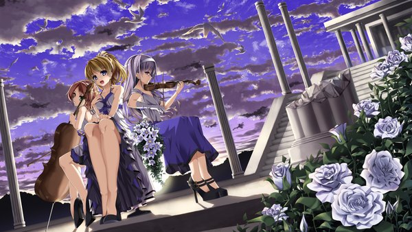 Anime picture 1800x1014 with original magustale long hair highres short hair open mouth blue eyes blonde hair brown hair wide image sitting multiple girls brown eyes sky silver hair cloud (clouds) girl dress flower (flowers) hairband