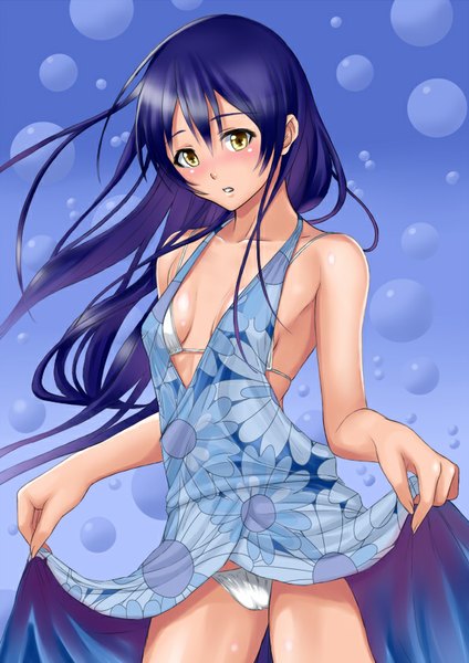 Anime picture 595x841 with love live! school idol project sunrise (studio) love live! sonoda umi muffin (sirumeria) single long hair tall image looking at viewer blush breasts light erotic yellow eyes blue hair floral print girl dress swimsuit bikini sundress